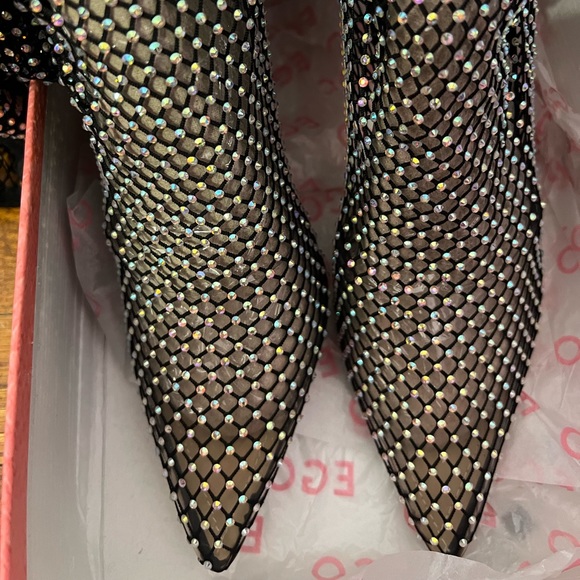 Ego Official Multi Colour Diamanté Fishnet Over The Knee Thigh High Black Boots - Picture 6 of 10